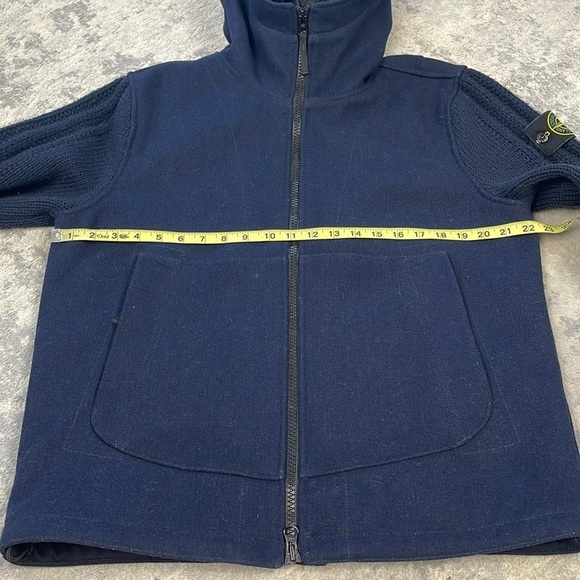 New Stone Island Logo Appliqued Wool Blend Hooded Jacket Blue Knit Sleeve Sz M - Picture 15 of 16